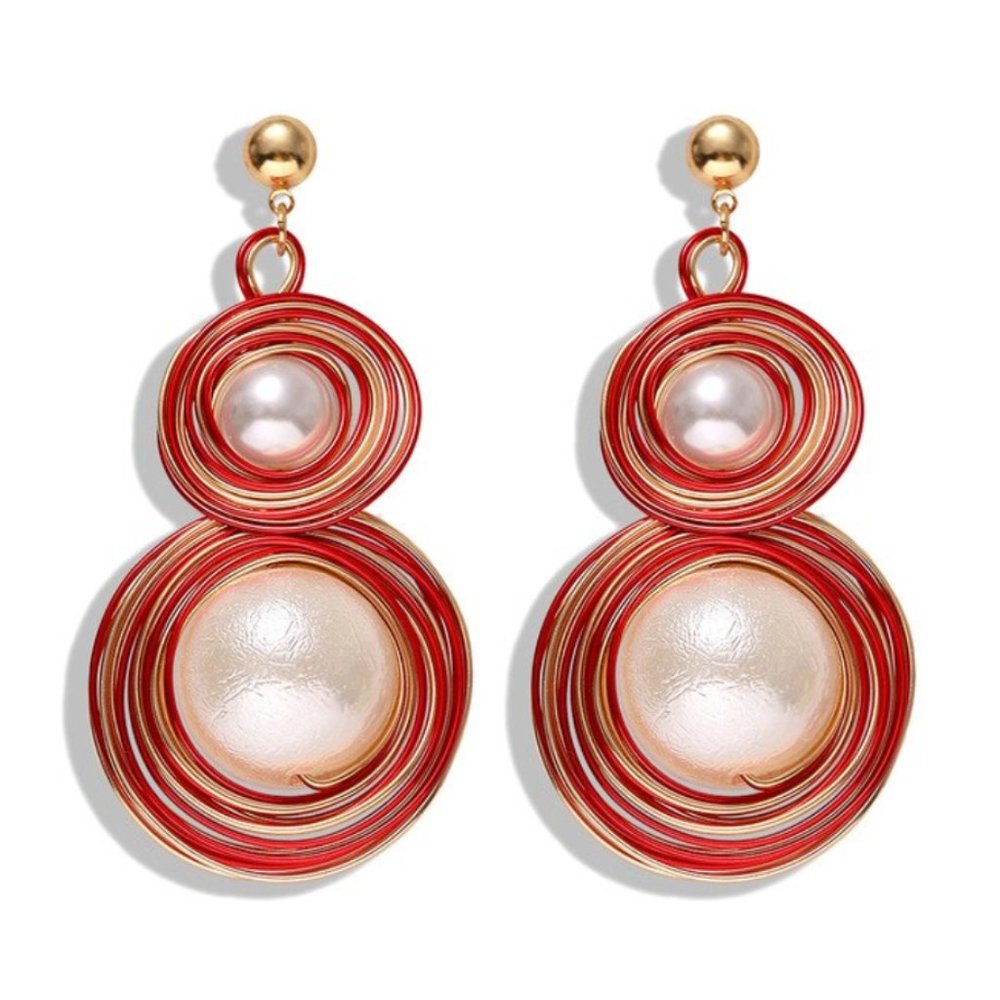 Gold Red Contemporary Round Pearl Drop Earrings